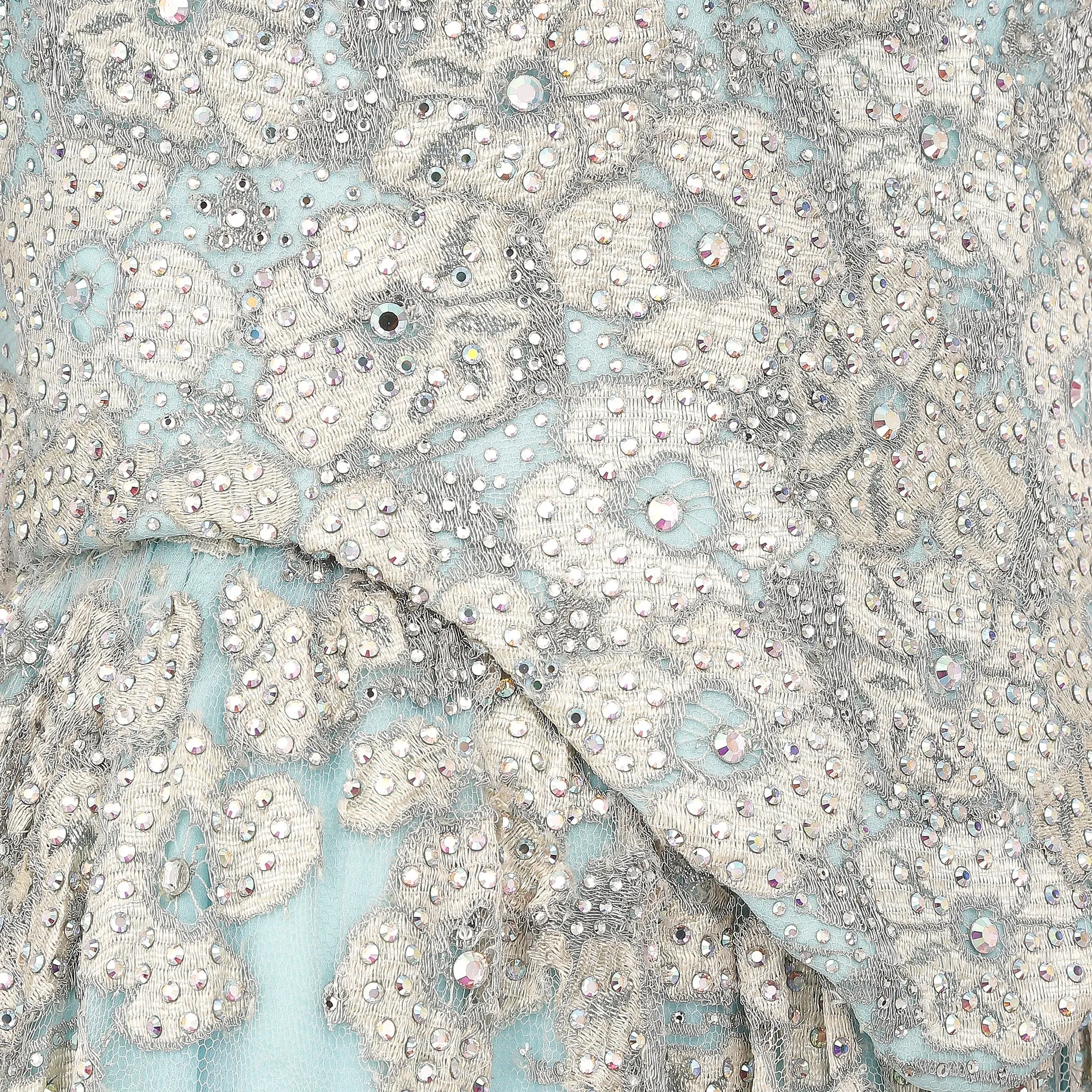 1990s Bespoke Embellished Lace and Crystal Turquoise Dress