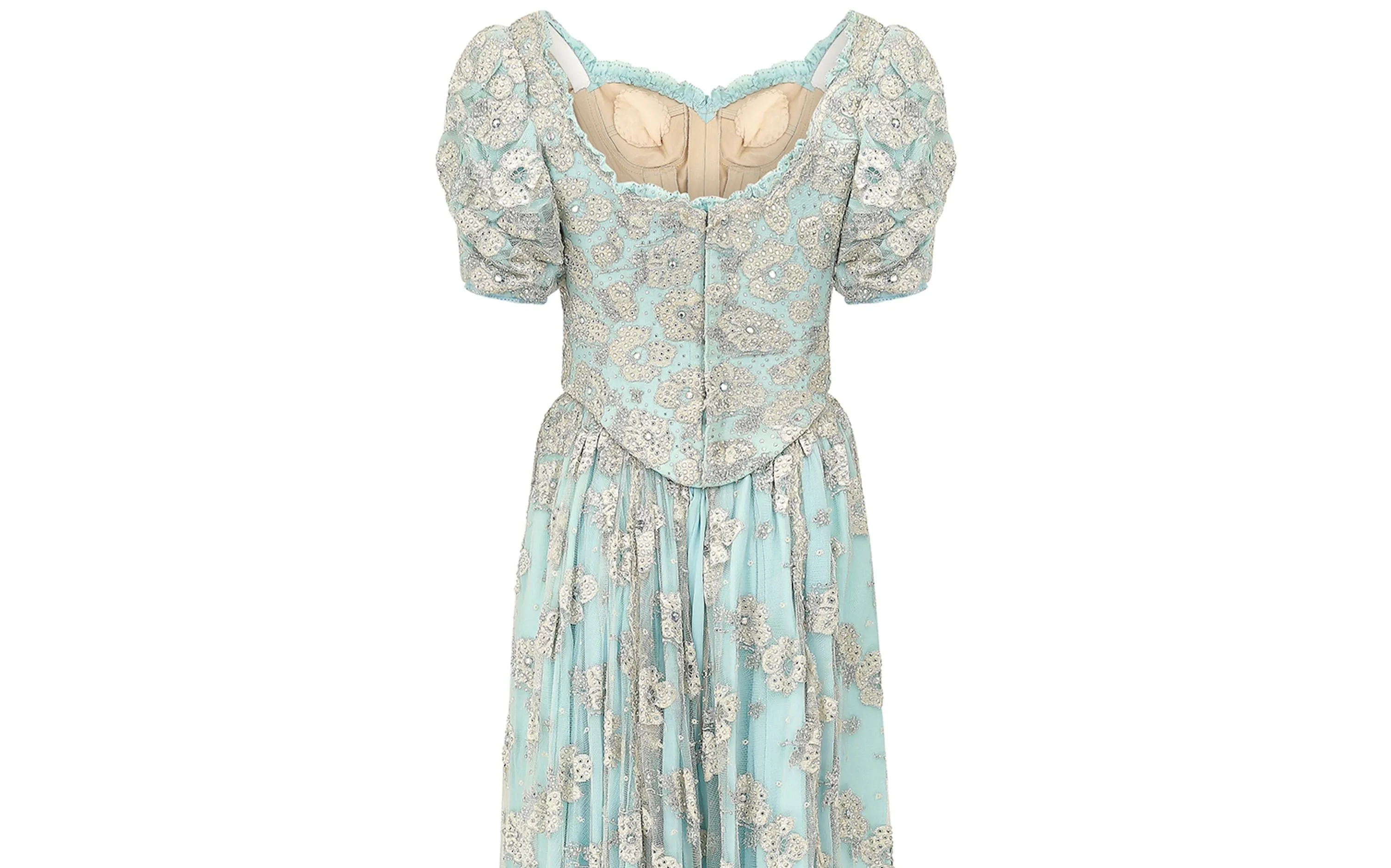 1990s Bespoke Embellished Lace and Crystal Turquoise Dress