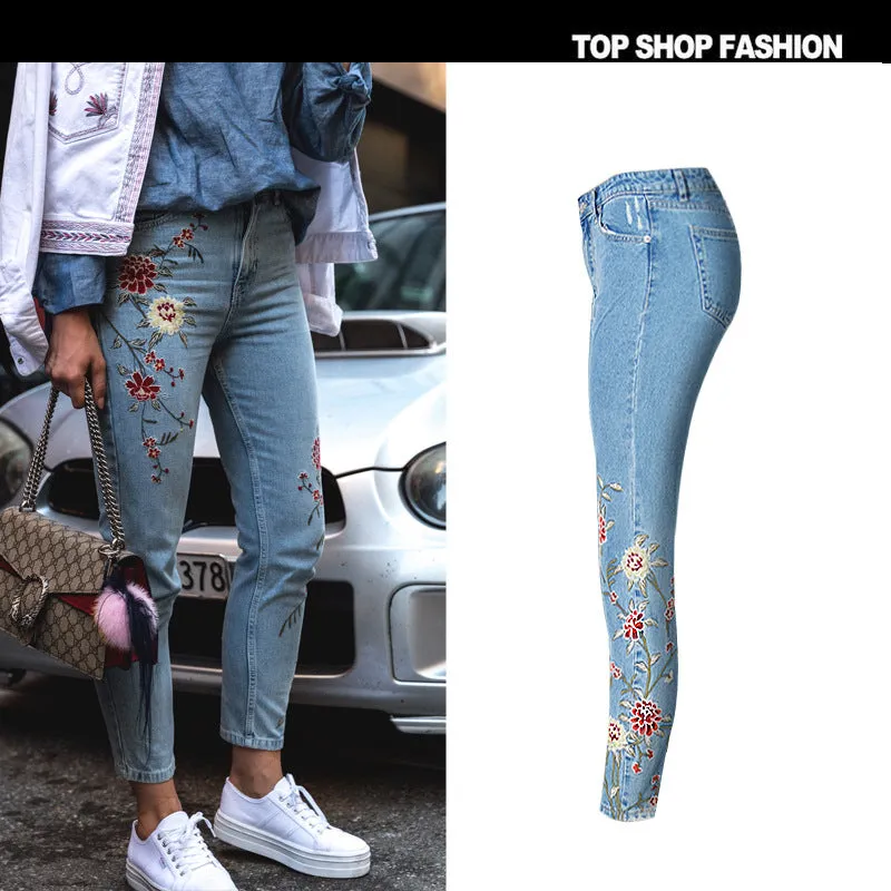 3D Embroidery Flowers High Waist 9/10 Pencil Jeans
