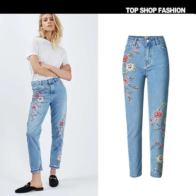 3D Embroidery Flowers High Waist 9/10 Pencil Jeans