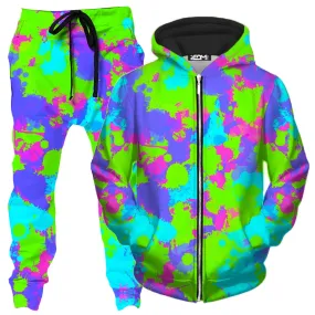 90s Neon Paint Splatter Zip-Up Hoodie and Joggers Combo
