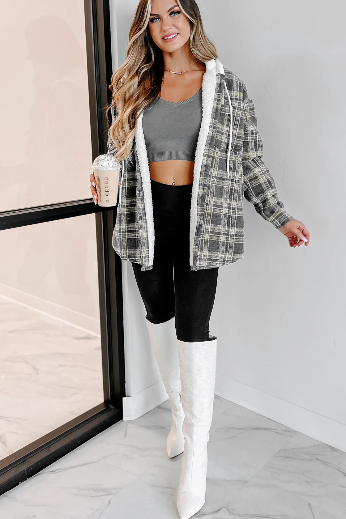 Around The Fire Sherpa Lined Hooded Plaid Jacket (Grey)