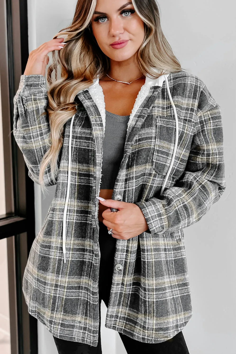 Around The Fire Sherpa Lined Hooded Plaid Jacket (Grey)