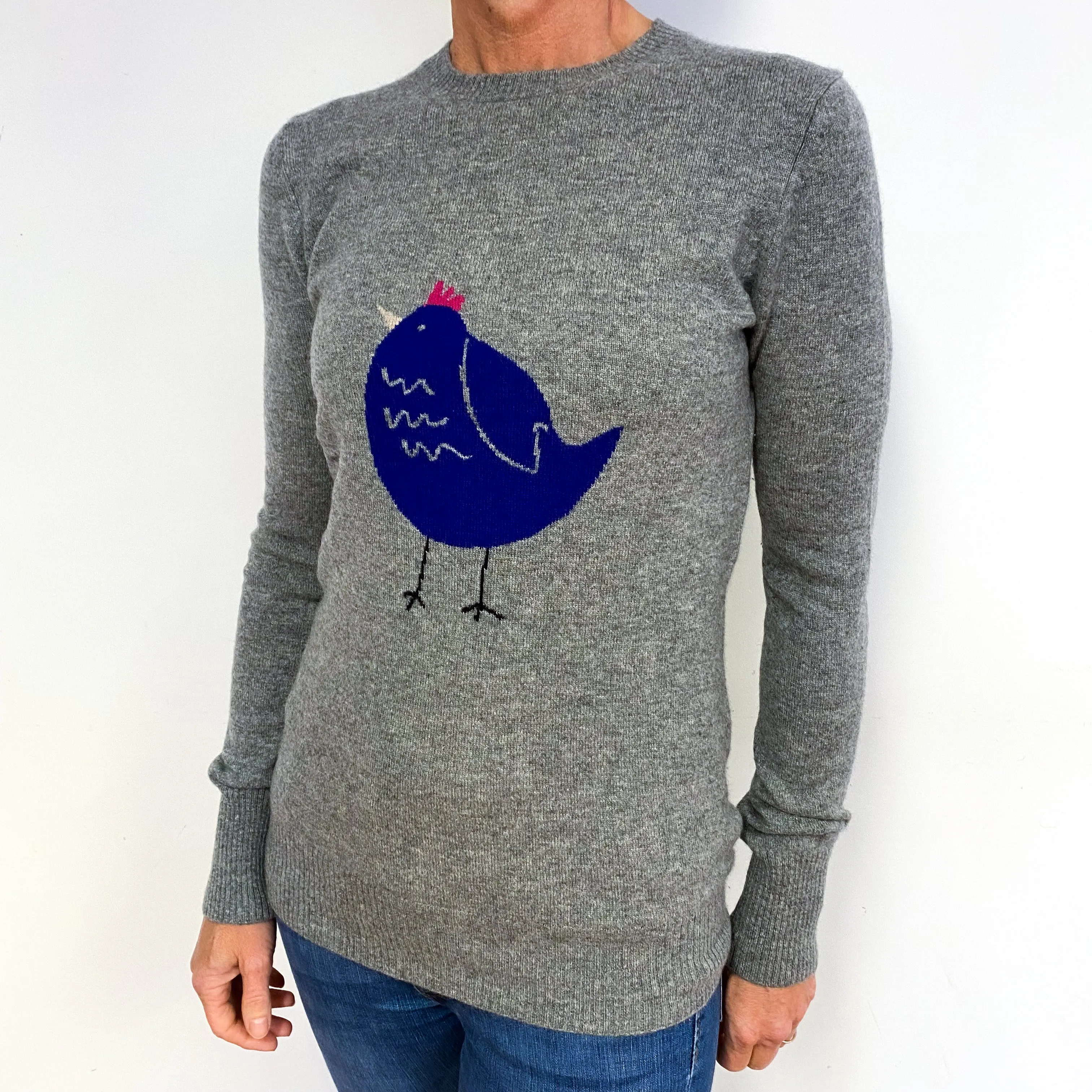 Ash Grey with Chick Motif Cashmere Crew Neck Jumper Medium