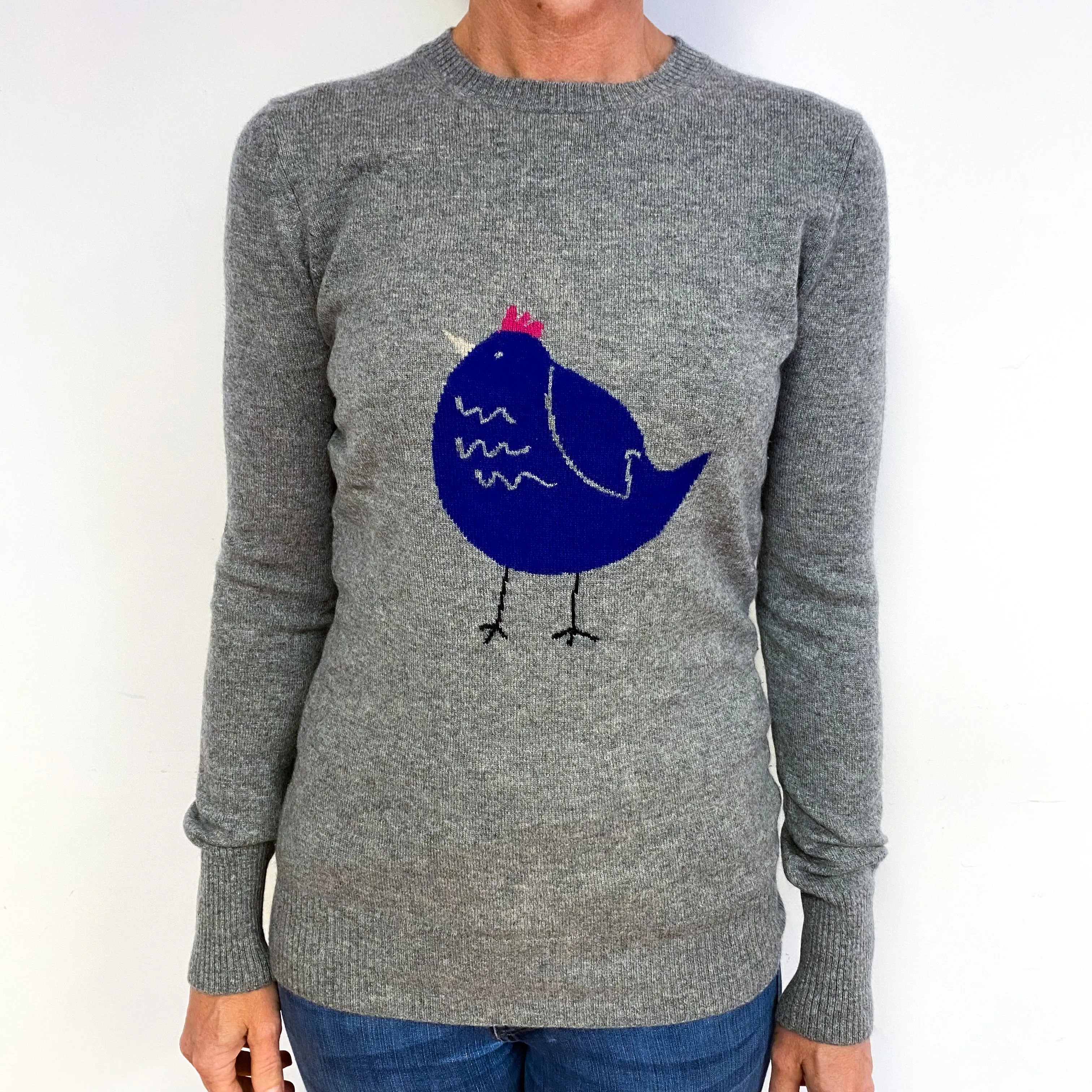 Ash Grey with Chick Motif Cashmere Crew Neck Jumper Medium