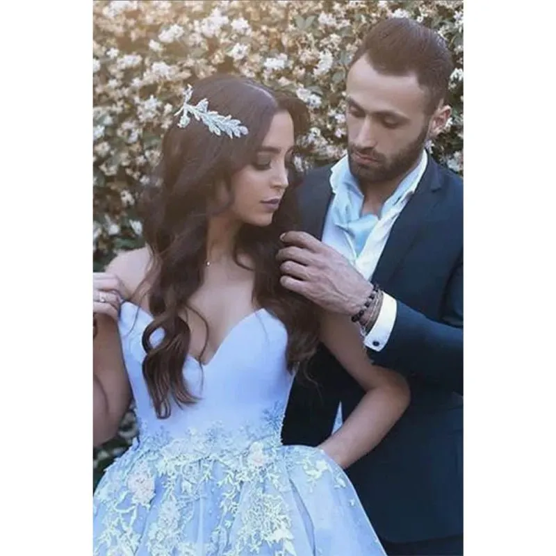 Ball Gown Sky Blue Tulle Appliques Long Prom Dress with Pockets