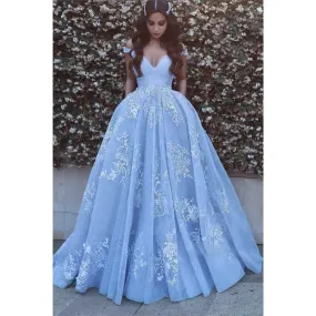 Ball Gown Sky Blue Tulle Appliques Long Prom Dress with Pockets