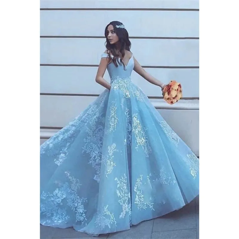 Ball Gown Sky Blue Tulle Appliques Long Prom Dress with Pockets