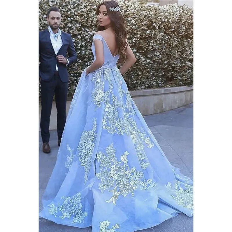 Ball Gown Sky Blue Tulle Appliques Long Prom Dress with Pockets