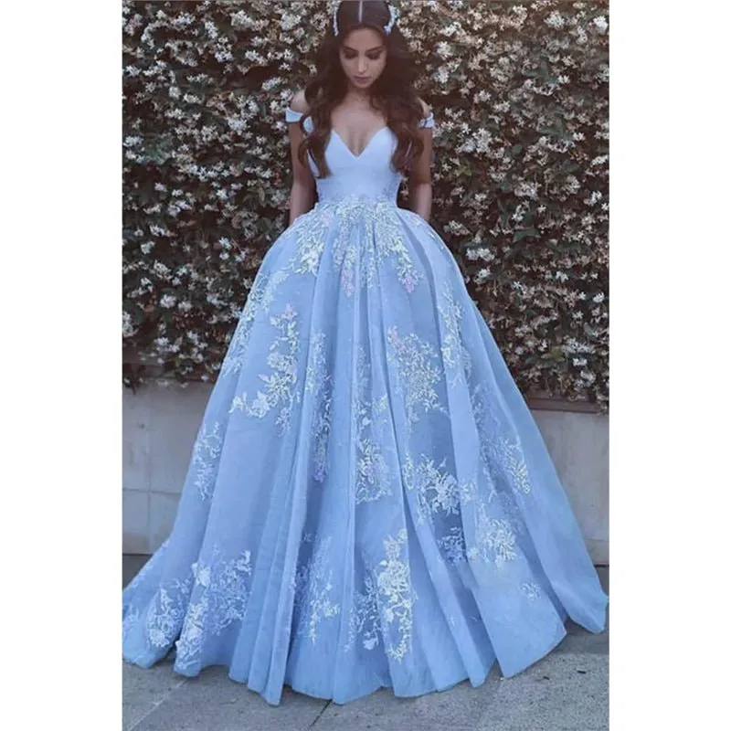 Ball Gown Sky Blue Tulle Appliques Long Prom Dress with Pockets