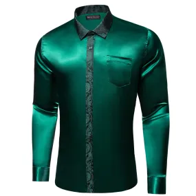 Barry Wang Dark Green Shirt with Paisley Collar Button Up Satin Shirt