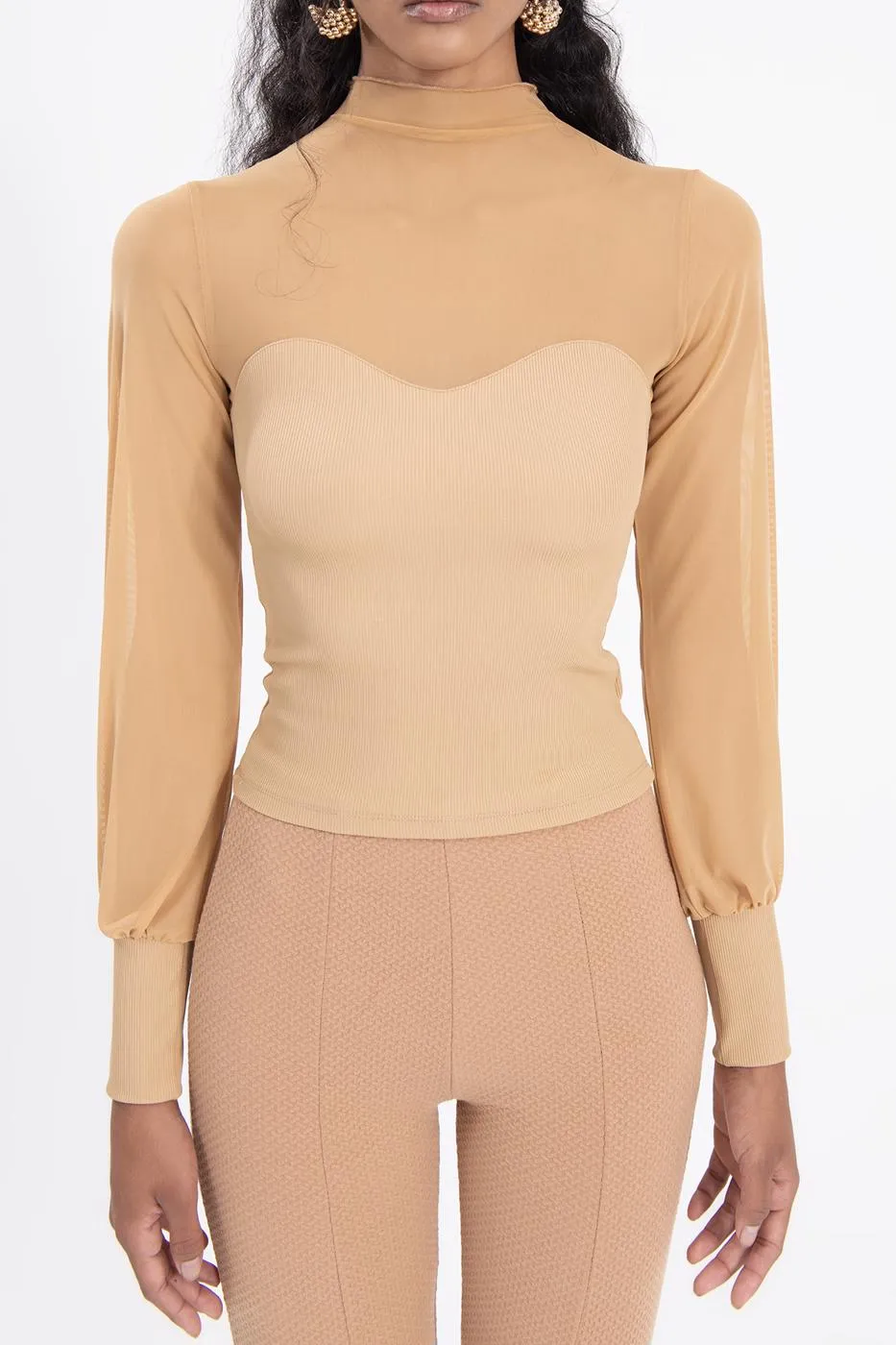 Beige Balloon Sleeve Transparent Detailed Blouse