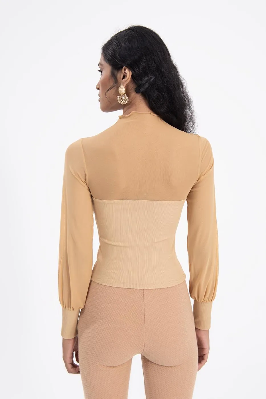 Beige Balloon Sleeve Transparent Detailed Blouse