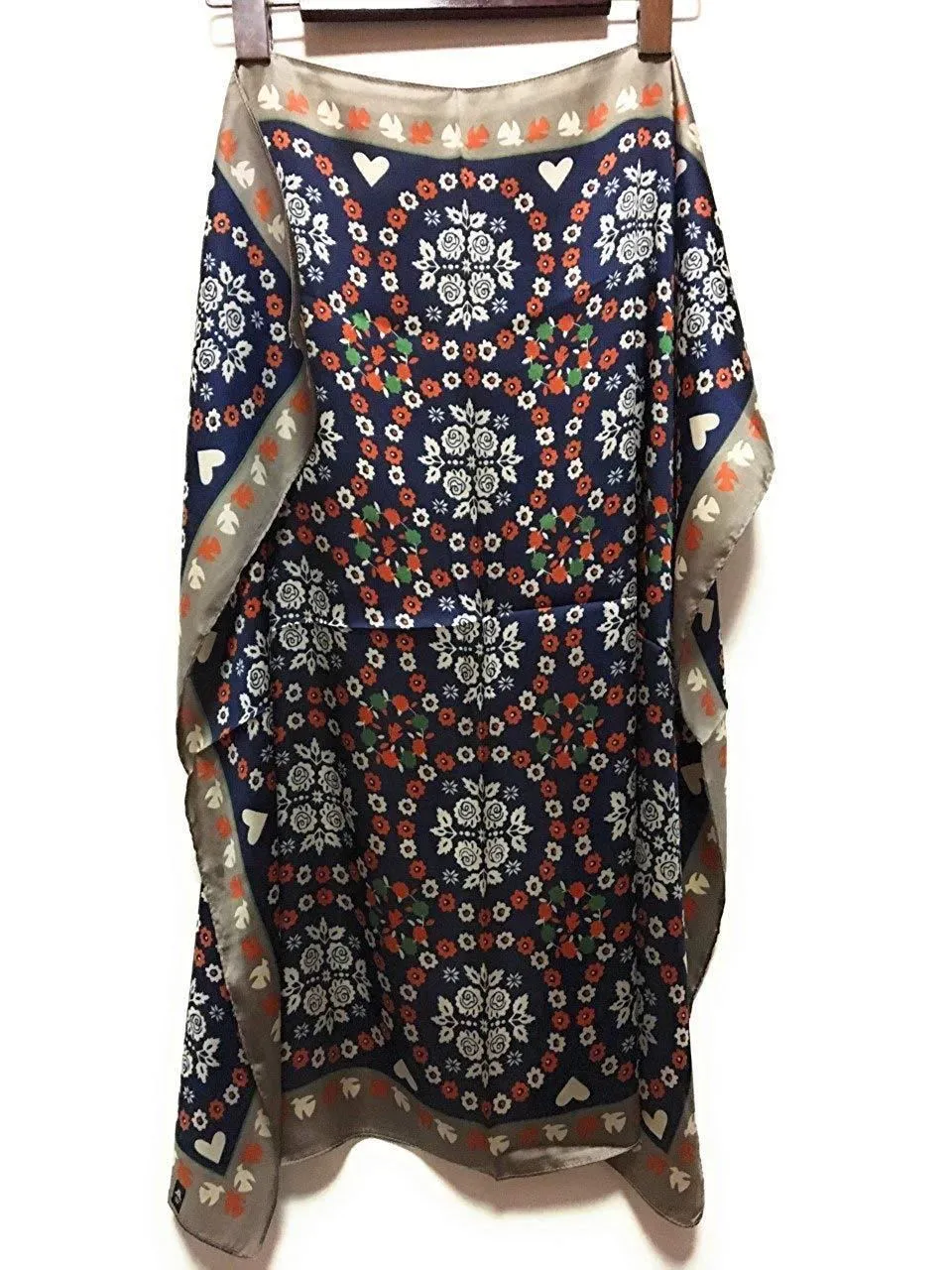 Big Square Ladies Womans Faux Silk Head Neck Thin Scarf Bag Charm - 70cm x 70cm[Navy Flower Motif]