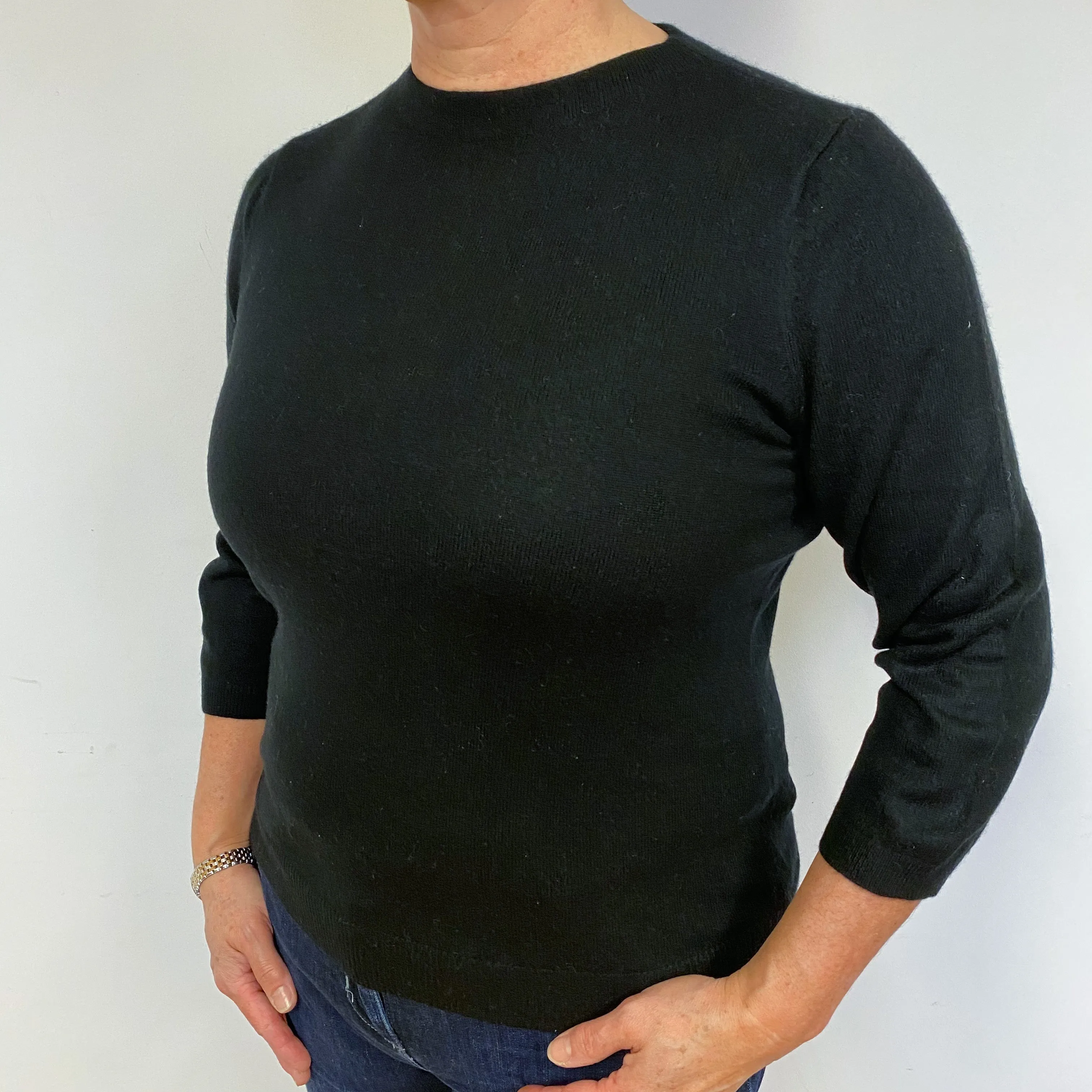Black 3/4 length Sleeves  Cashmere Crew Neck Jumper Large