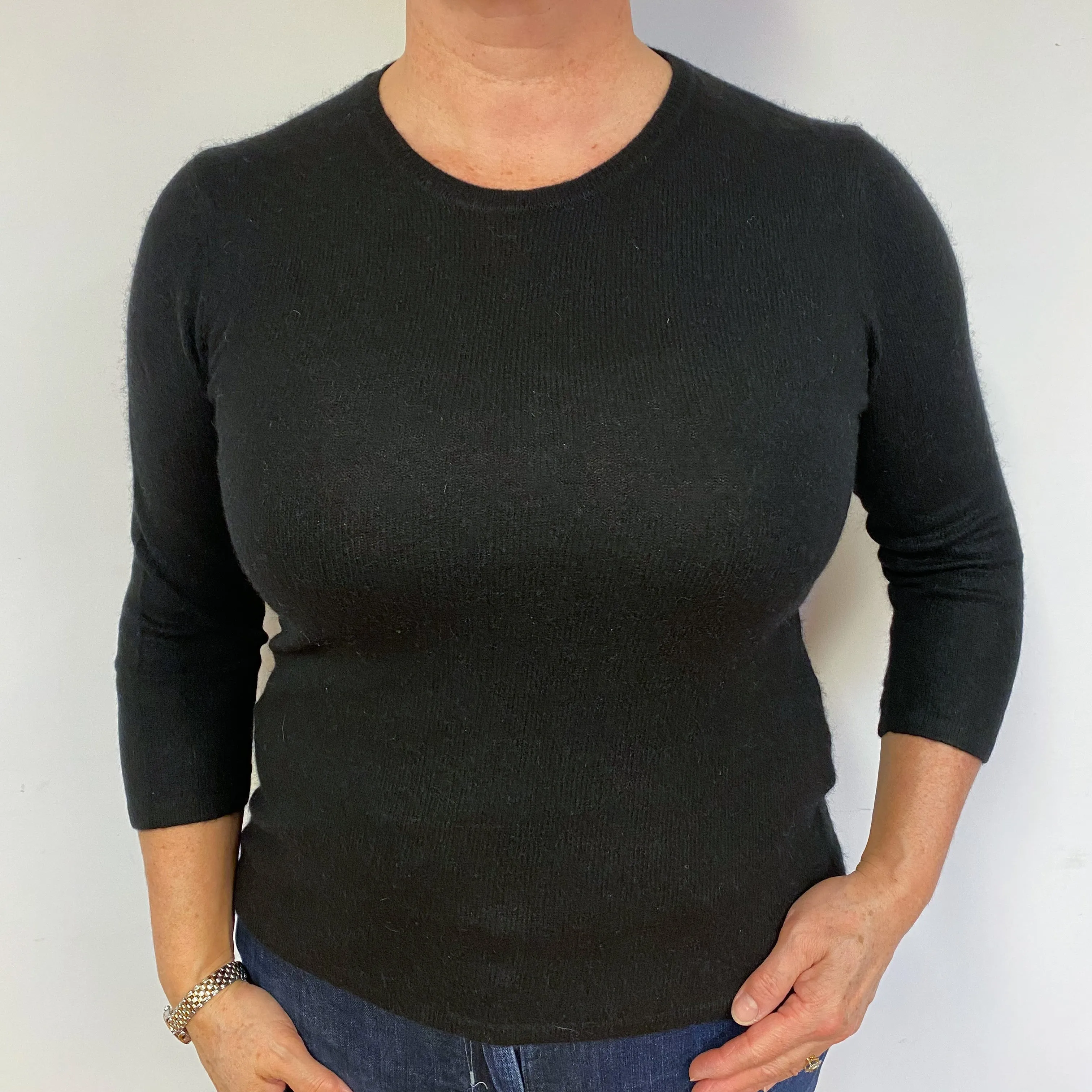 Black 3/4 Sleeve Cashmere Crew Neck Jumper Large