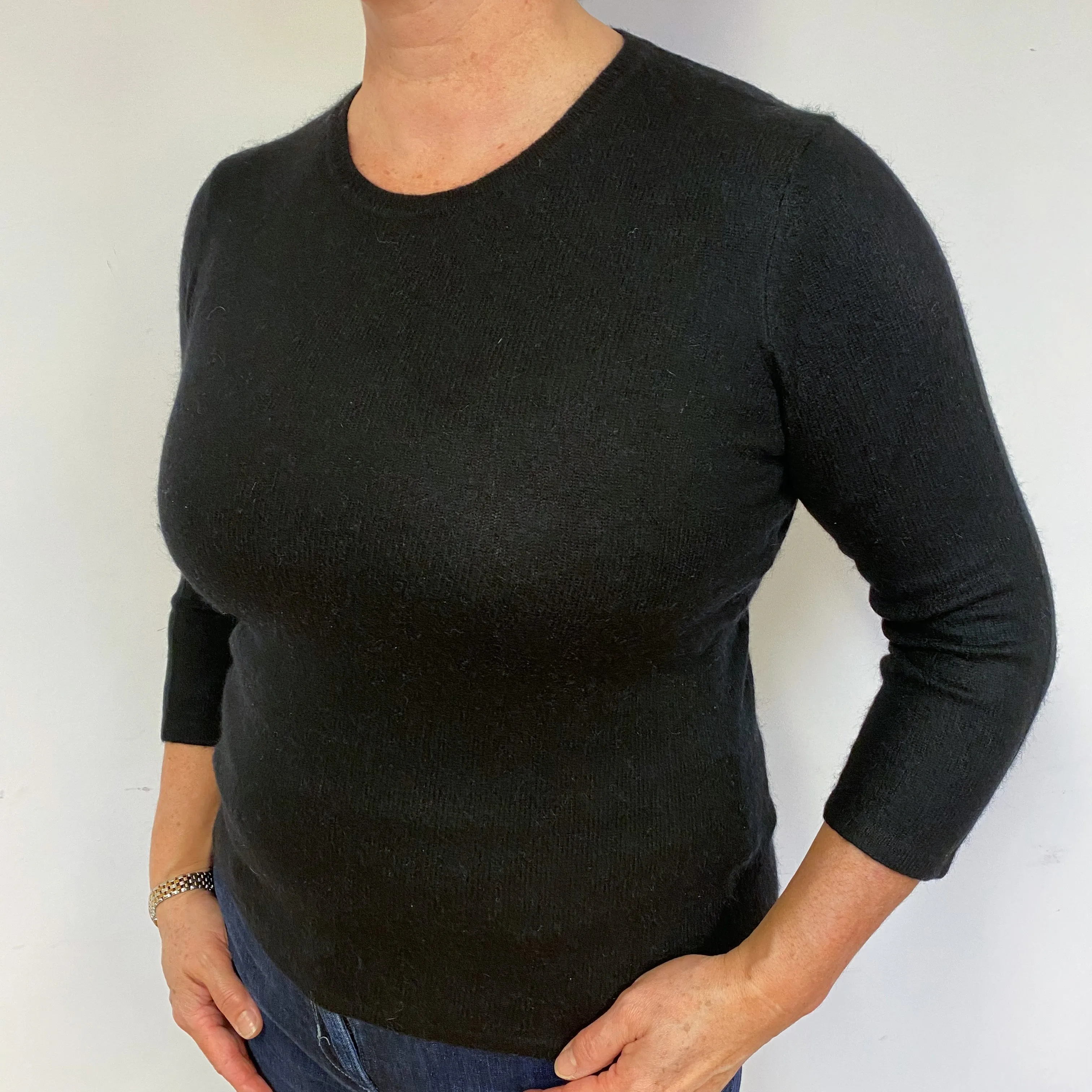 Black 3/4 Sleeve Cashmere Crew Neck Jumper Large