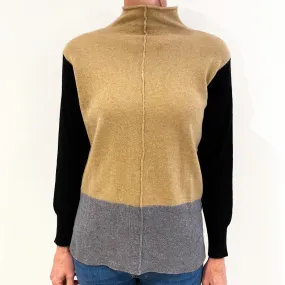 Black, Brown and Grey Colour Block Cashmere Polo Neck Jumper Small