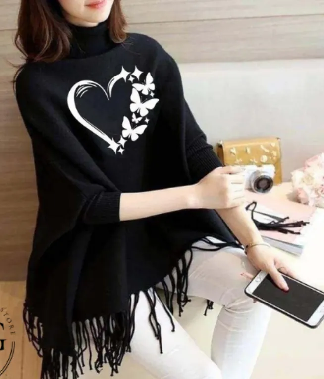 Black Love Butterfly Printed Poncho