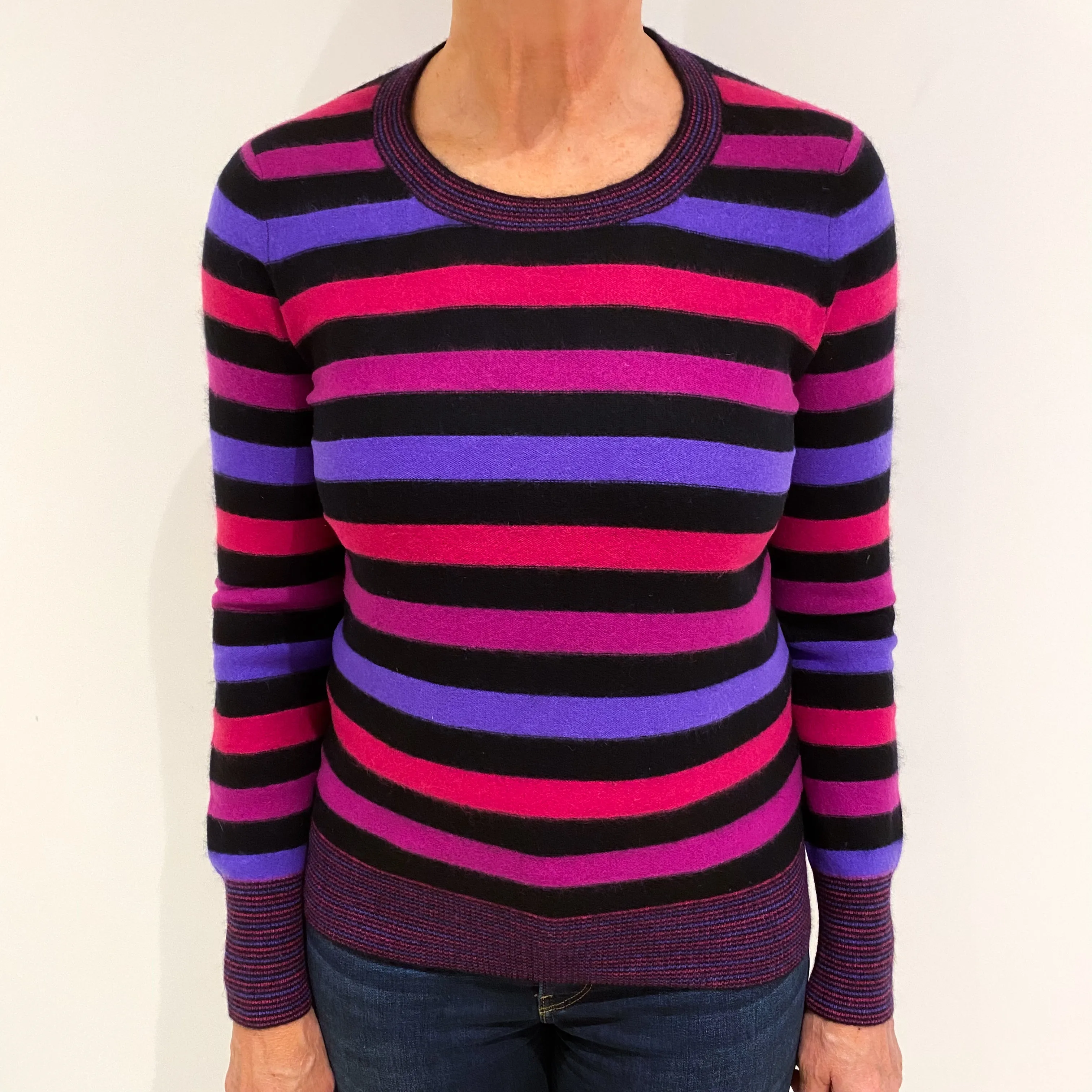Black Pink Purple Stripe Cashmere Crew Neck Jumper Medium