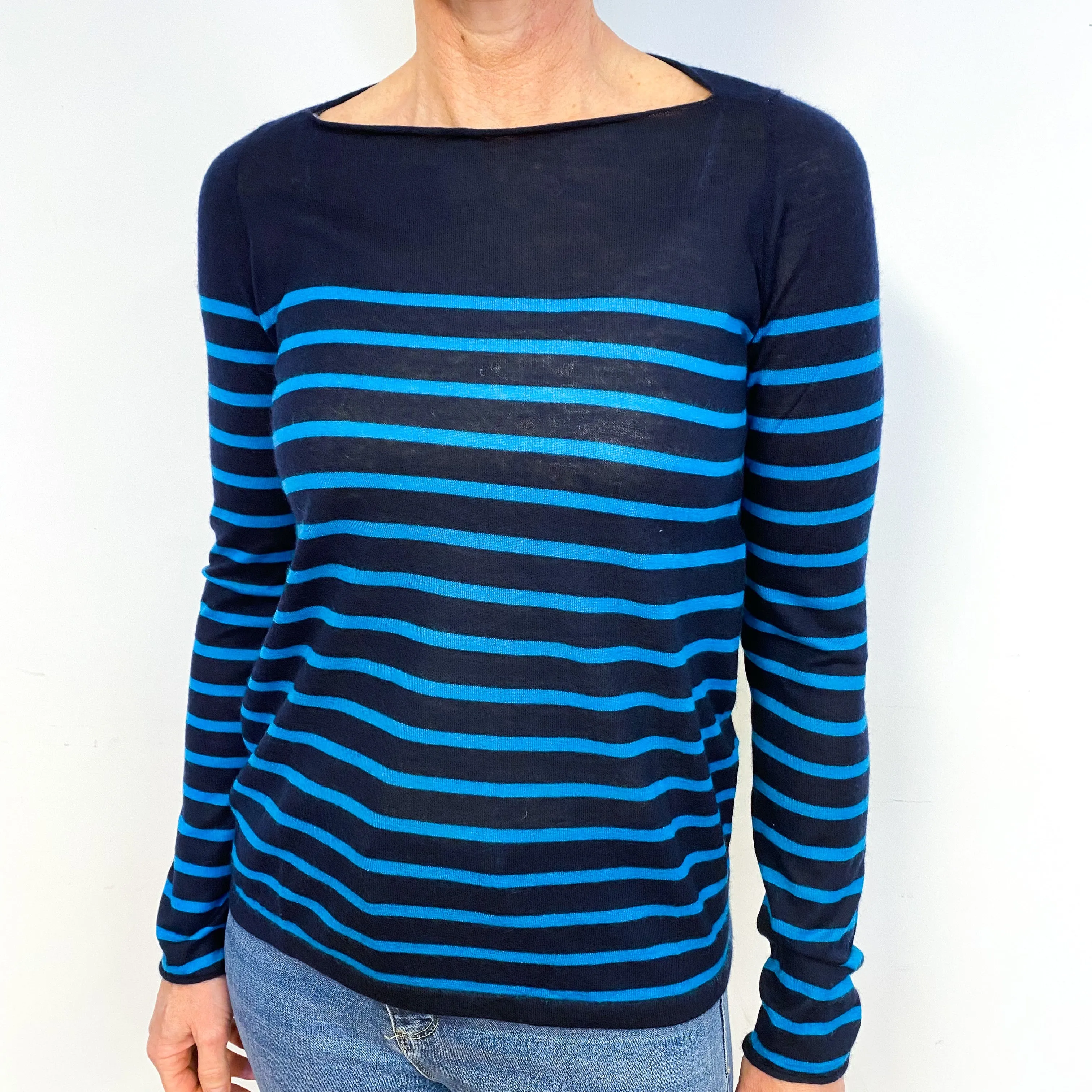 Blue Striped Cashmere Crew Neck Jumper