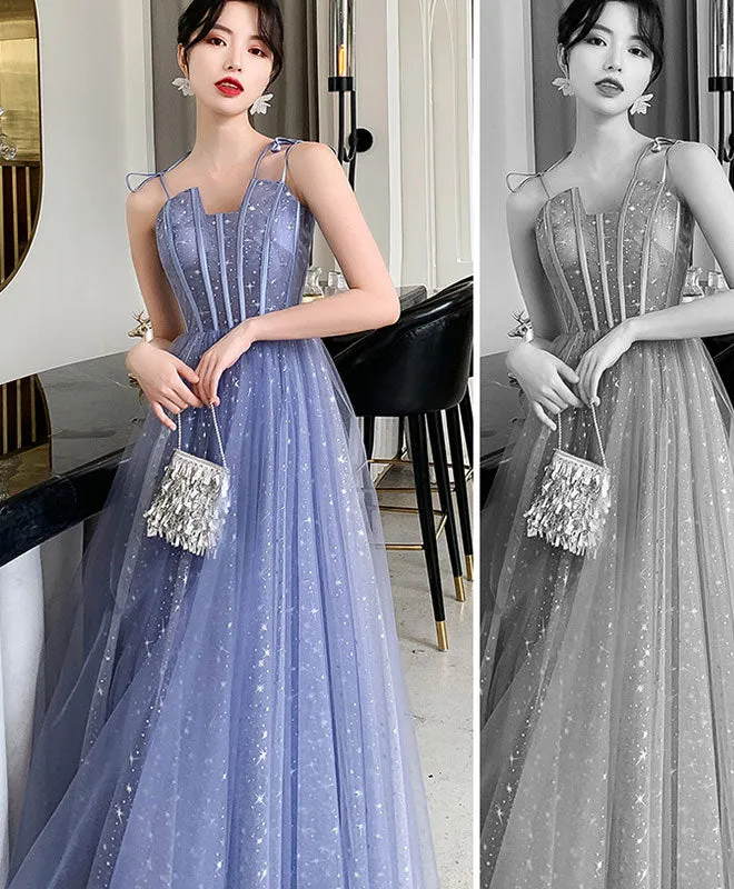 Blue Tulle Long Prom Dress, Blue Tulle Formal Dress