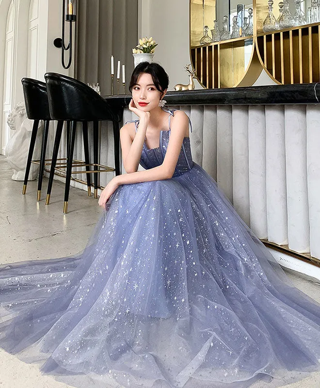 Blue Tulle Long Prom Dress, Blue Tulle Formal Dress