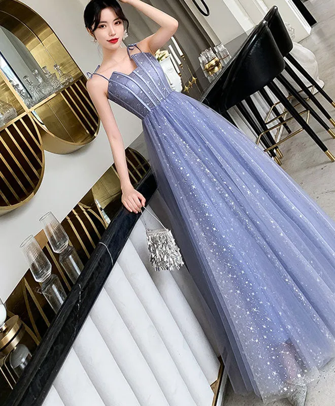 Blue Tulle Long Prom Dress, Blue Tulle Formal Dress