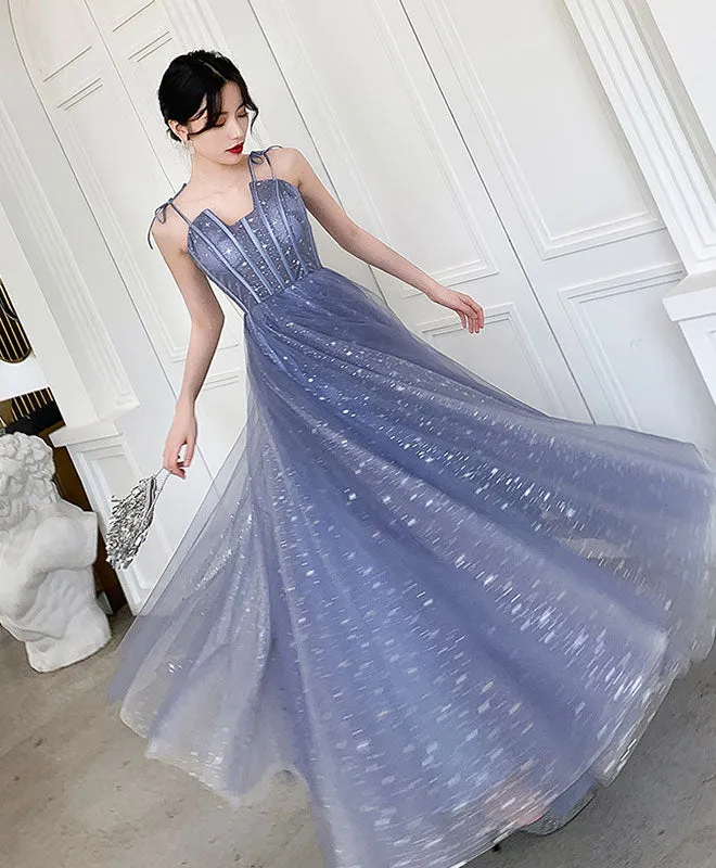 Blue Tulle Long Prom Dress, Blue Tulle Formal Dress