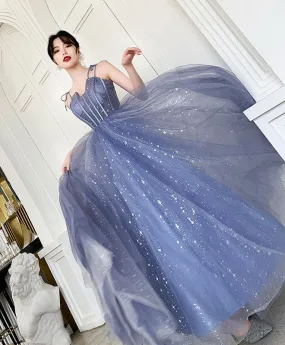 Blue Tulle Long Prom Dress, Blue Tulle Formal Dress