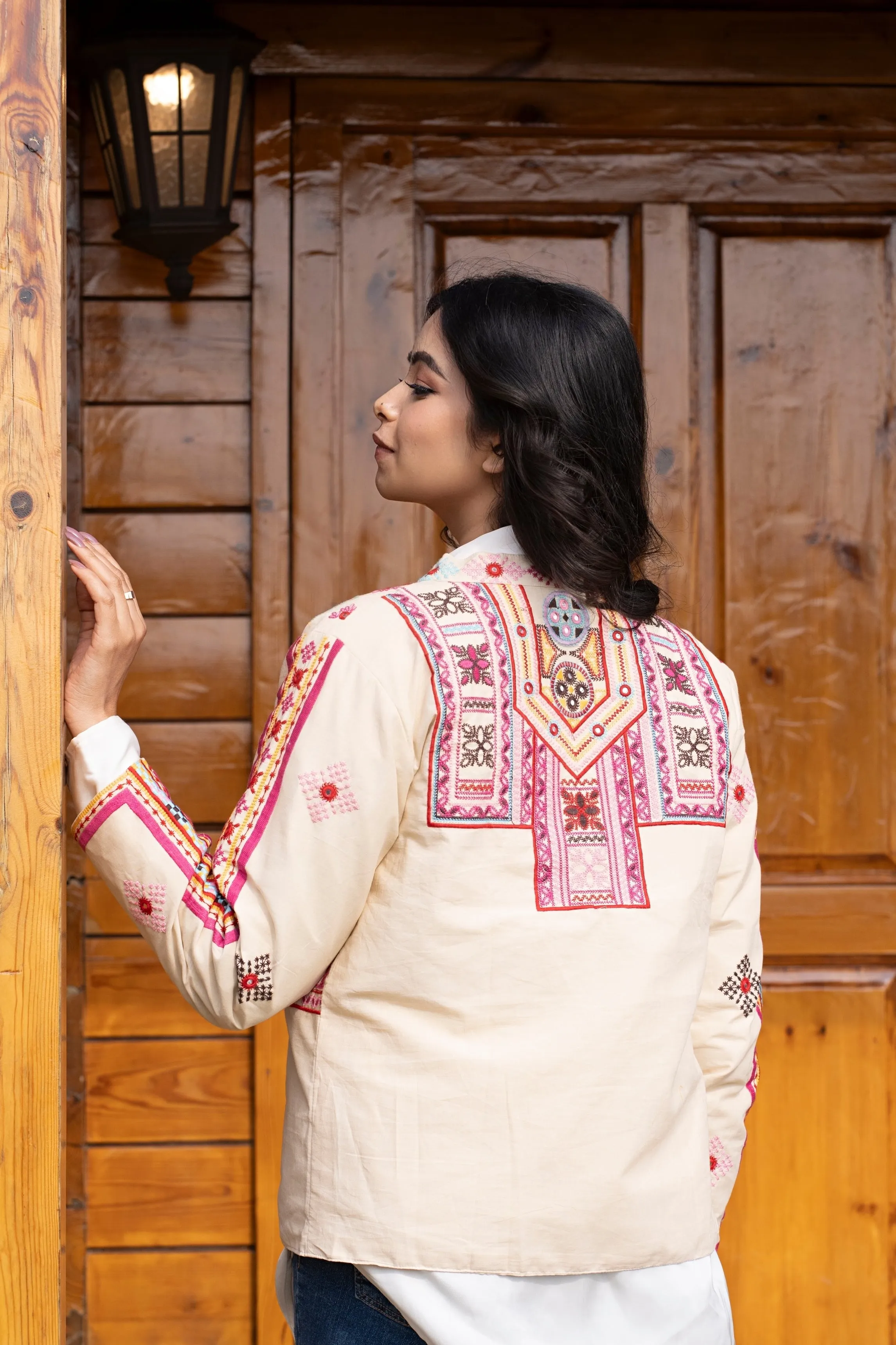 Bohemian Full Sleeves Cotton Coat [Off White]