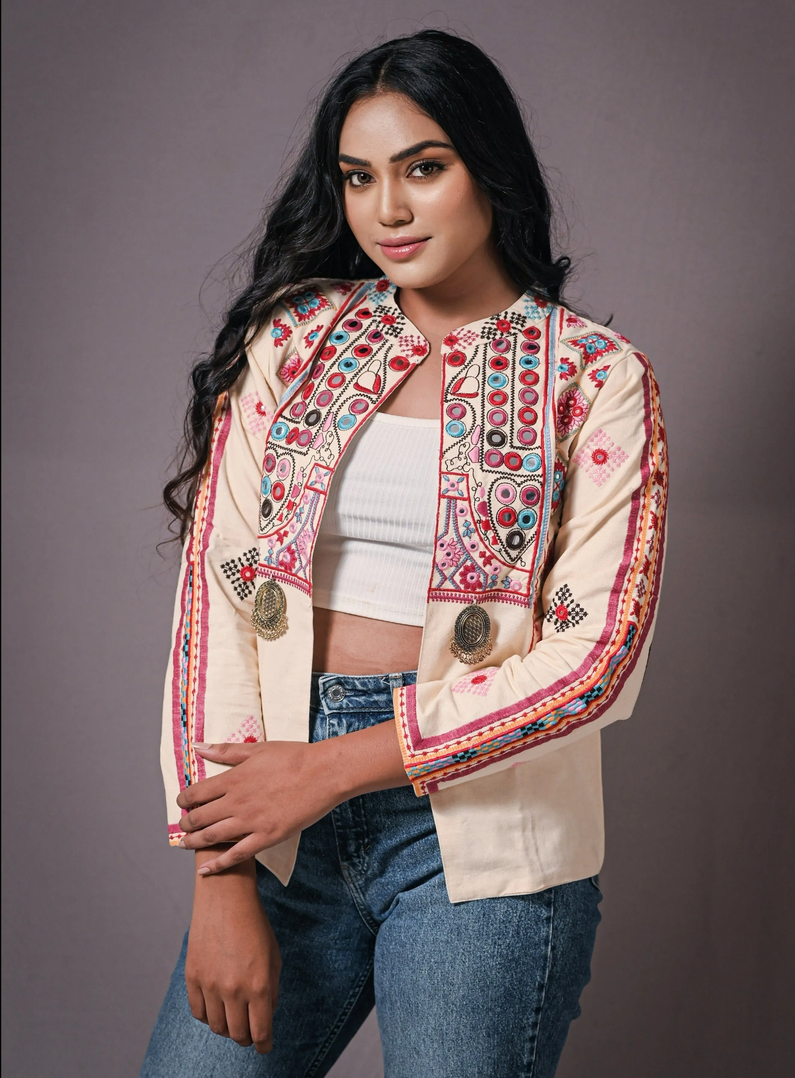 Bohemian Full Sleeves Cotton Coat [Off White]