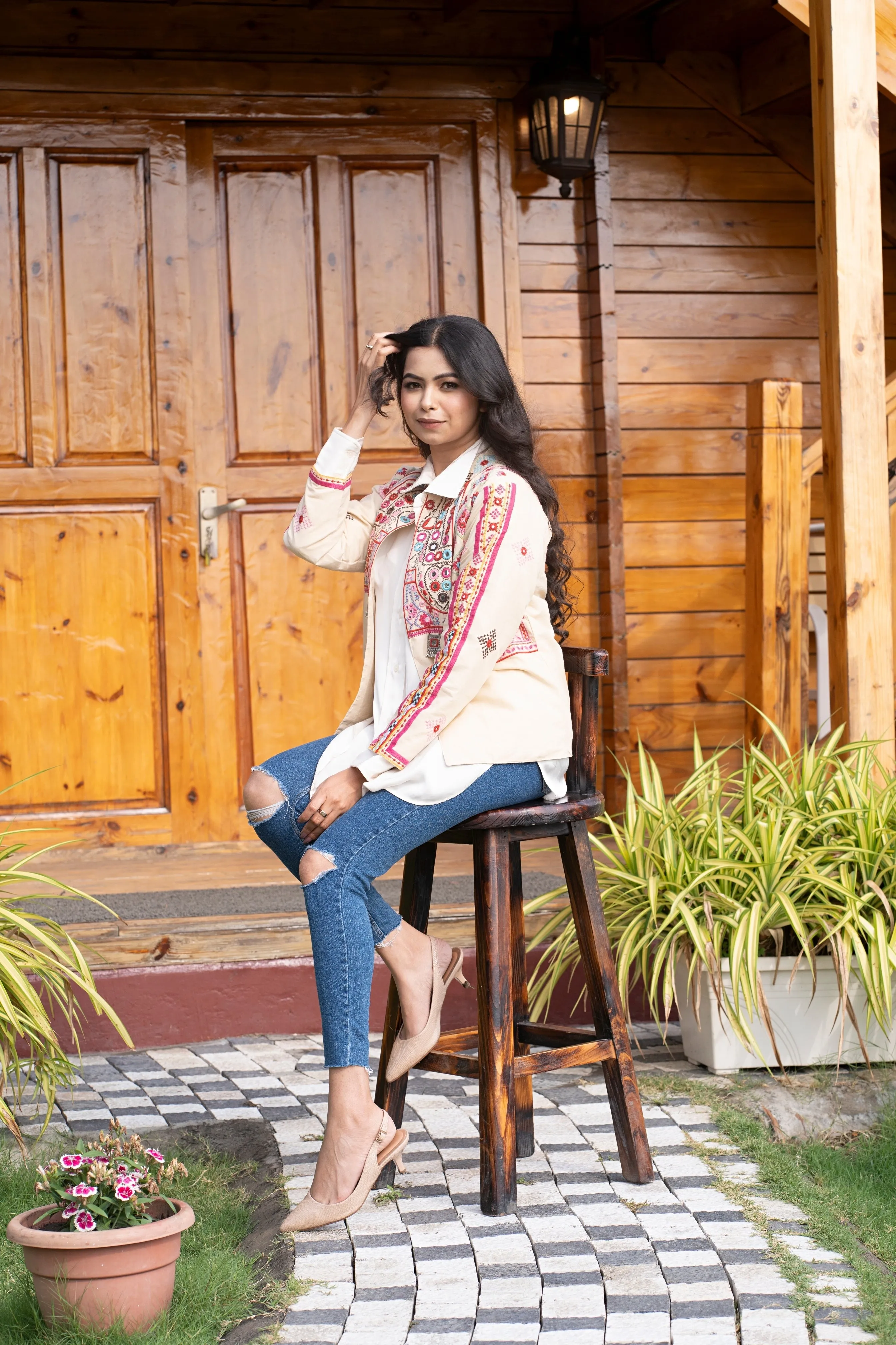 Bohemian Full Sleeves Cotton Coat [Off White]