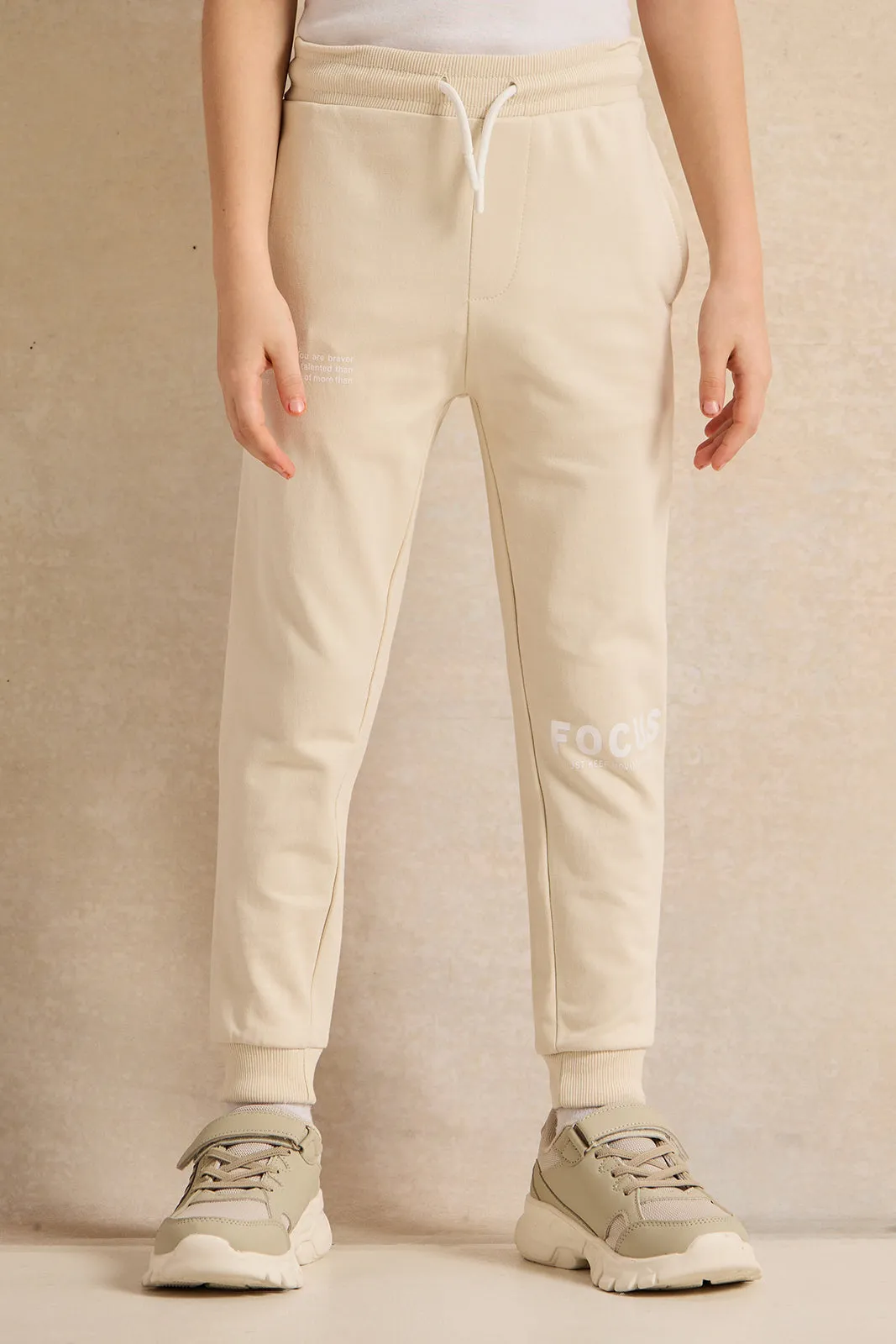 Boys Beige Printed Basic Jog Set (2 Piece)