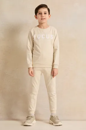Boys Beige Printed Basic Jog Set (2 Piece)