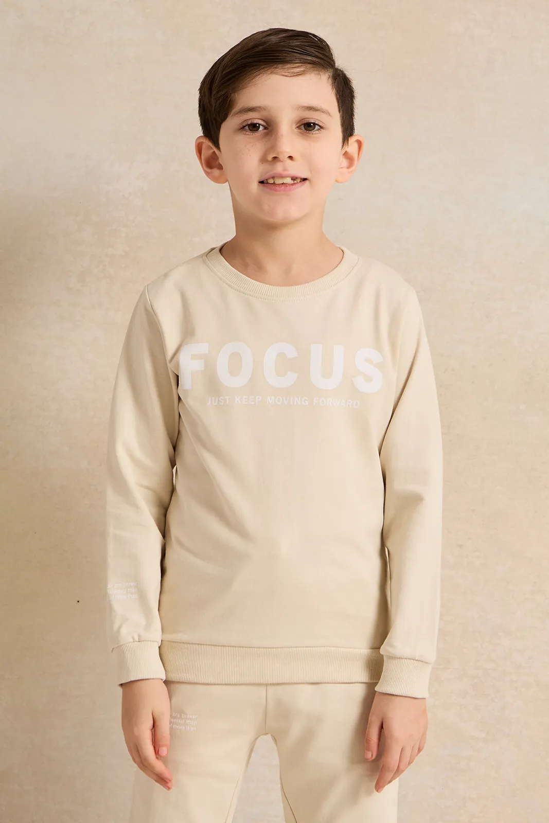 Boys Beige Printed Basic Jog Set (2 Piece)