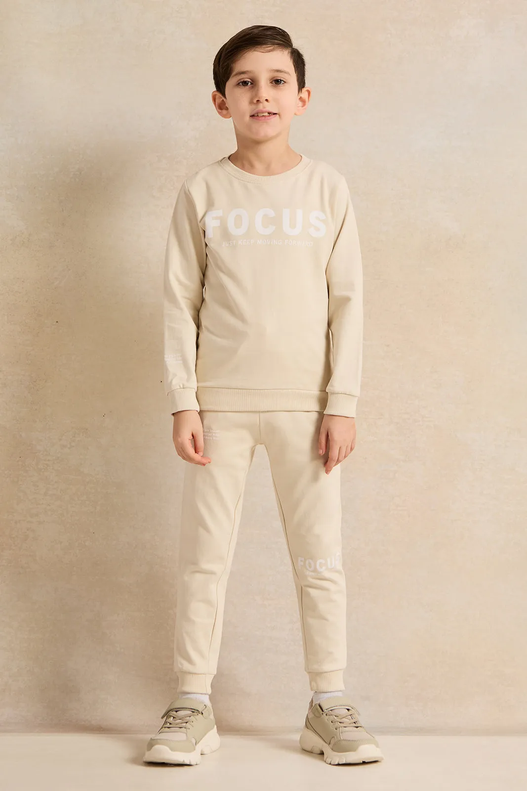Boys Beige Printed Basic Jog Set (2 Piece)