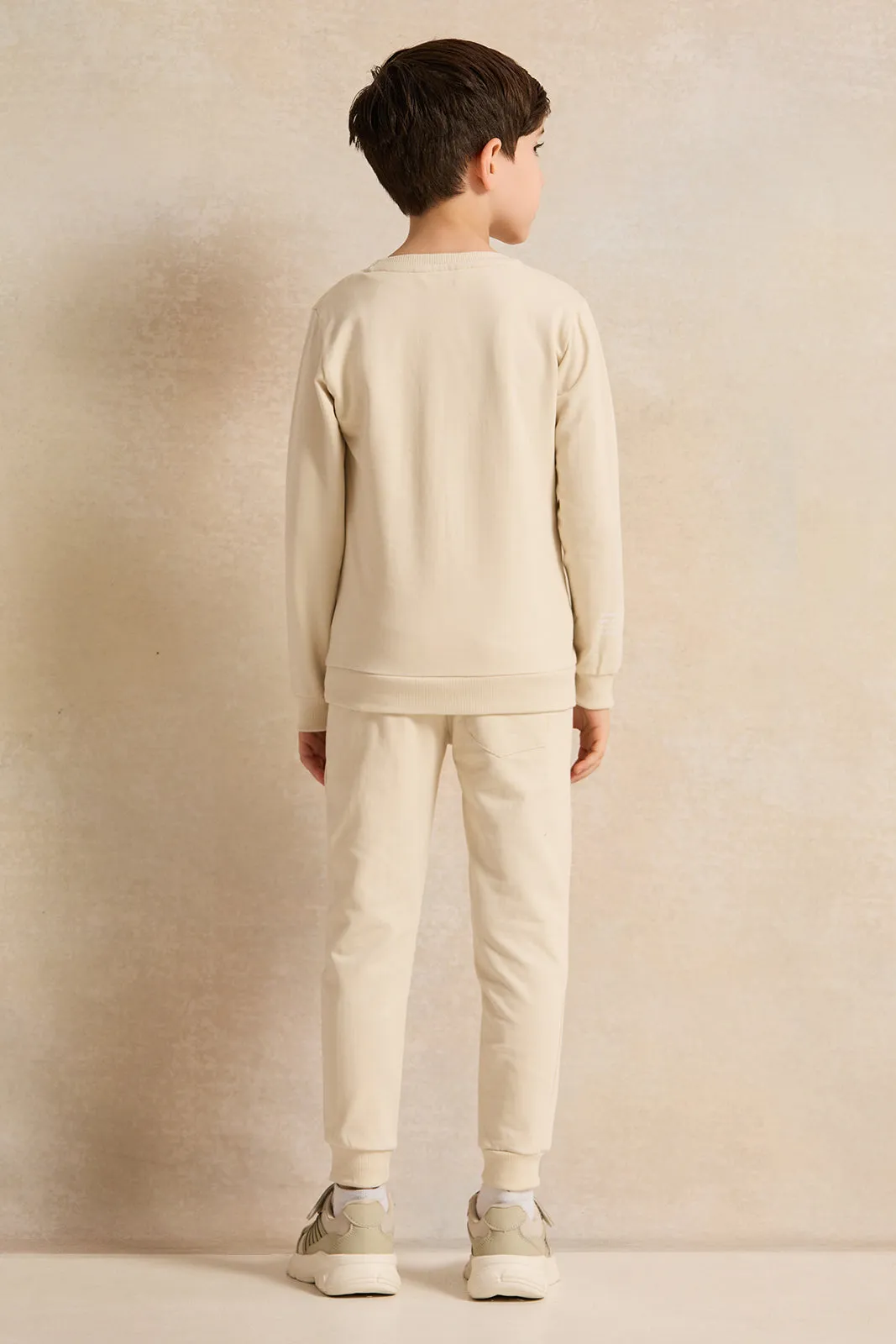 Boys Beige Printed Basic Jog Set (2 Piece)