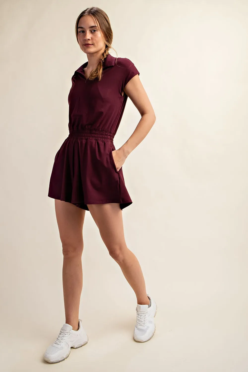 Cassis Butter Short Sleeve Quarter Zip Romper