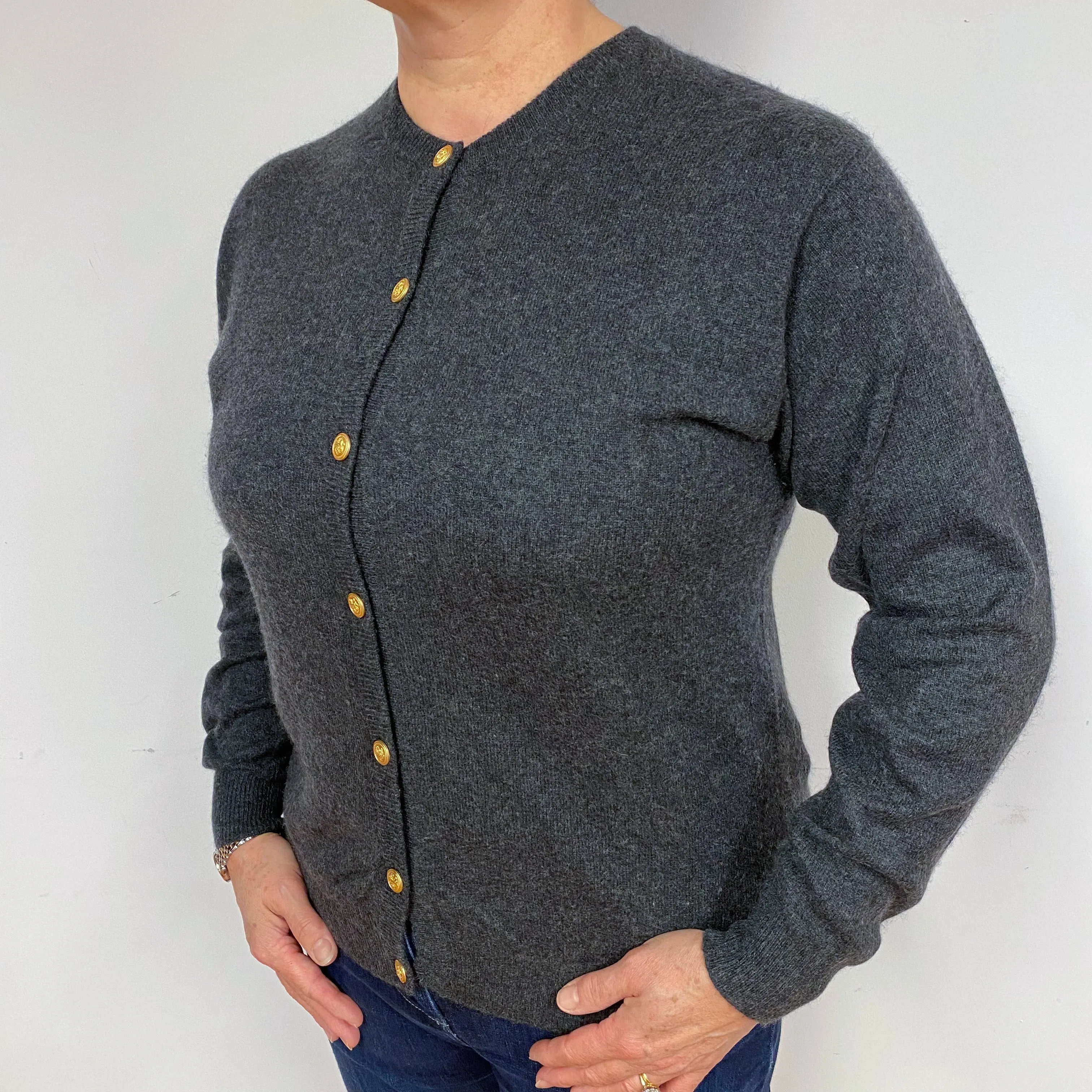 Charcoal Grey Cashmere Crew Neck Cardigan Large