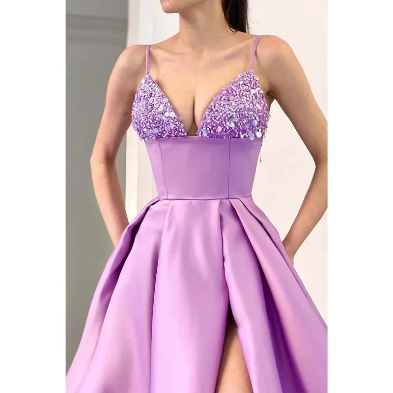 Chic & Modern A-line V-neck Beaded Straps Waist Long Prom Evening Dress