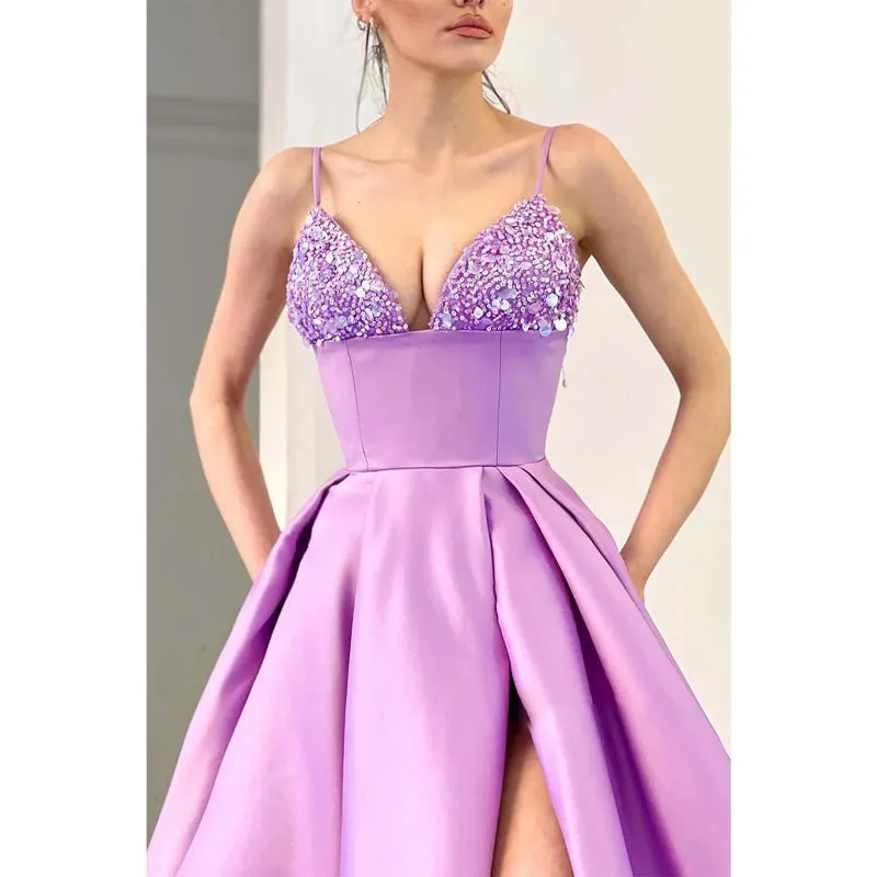 Chic & Modern A-line V-neck Beaded Straps Waist Long Prom Evening Dress