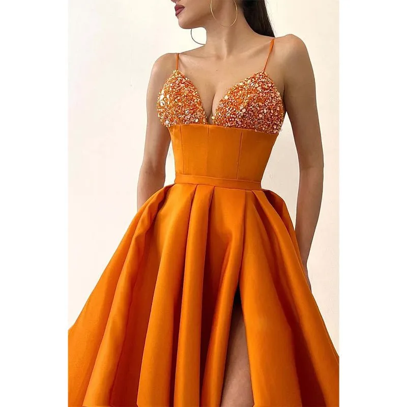 Chic & Modern A-line V-neck Beaded Straps Waist Long Prom Evening Dress