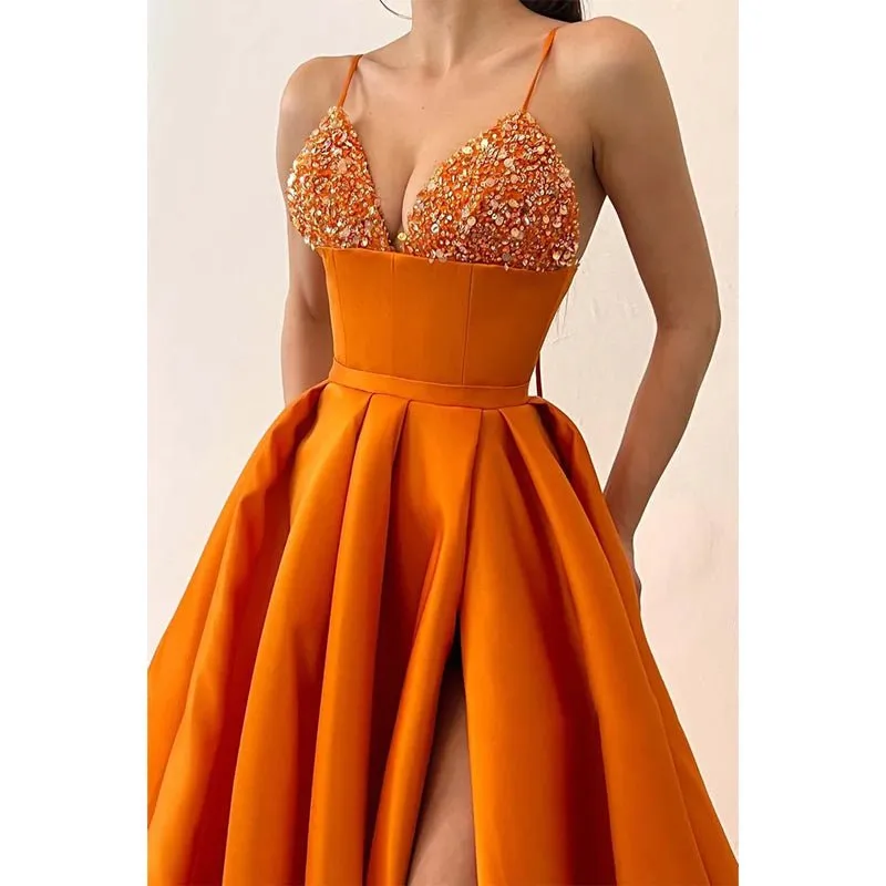 Chic & Modern A-line V-neck Beaded Straps Waist Long Prom Evening Dress