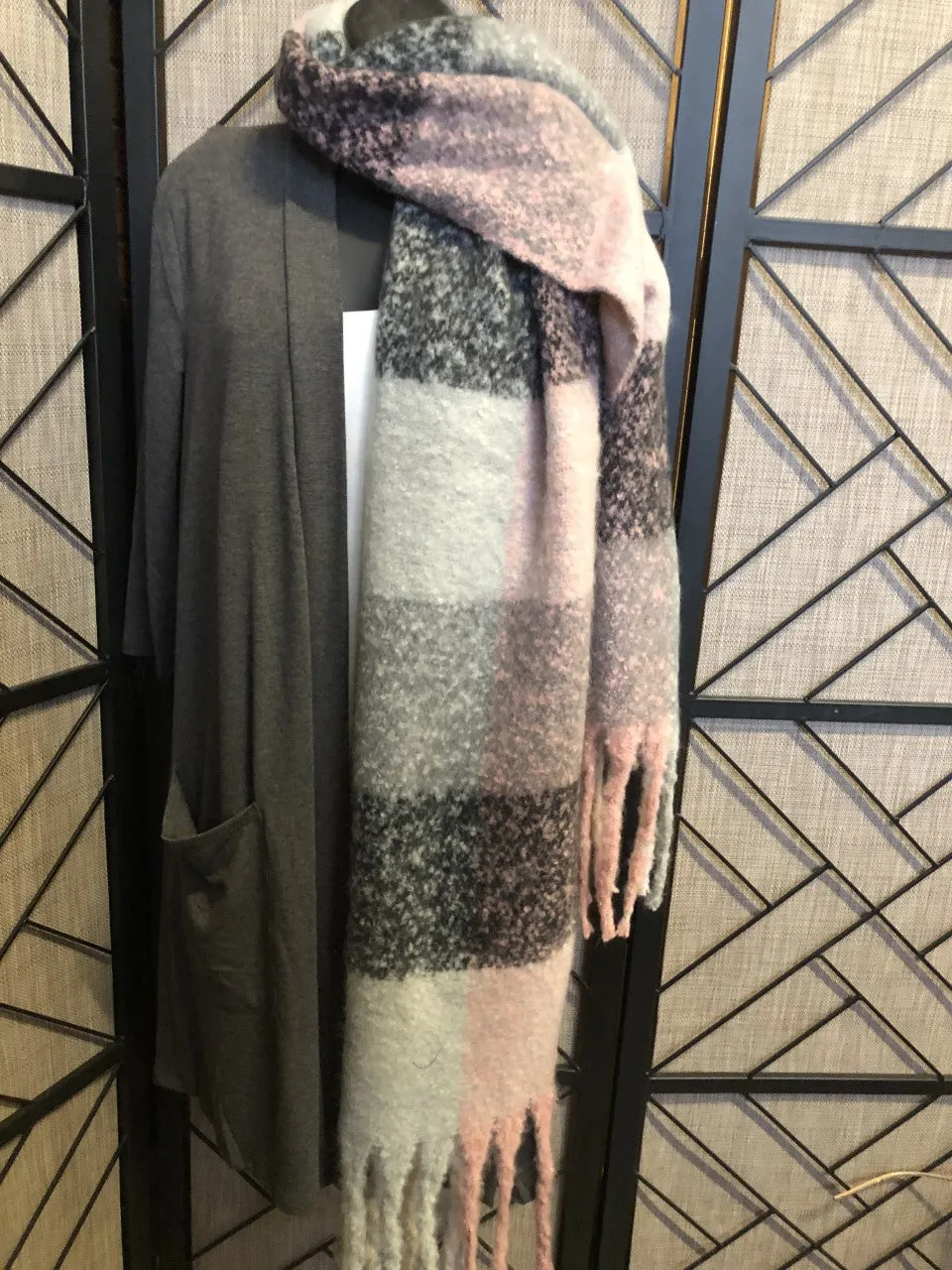 Color Block Fringe Scarf Pink/Grey/Black Mix