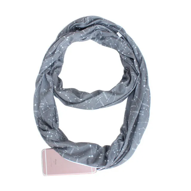 Convertible Infinity Scarf with Pocket Pattern Infinity Scarf with Zipper Pocket All-match Fashion Women Scarves,CI005