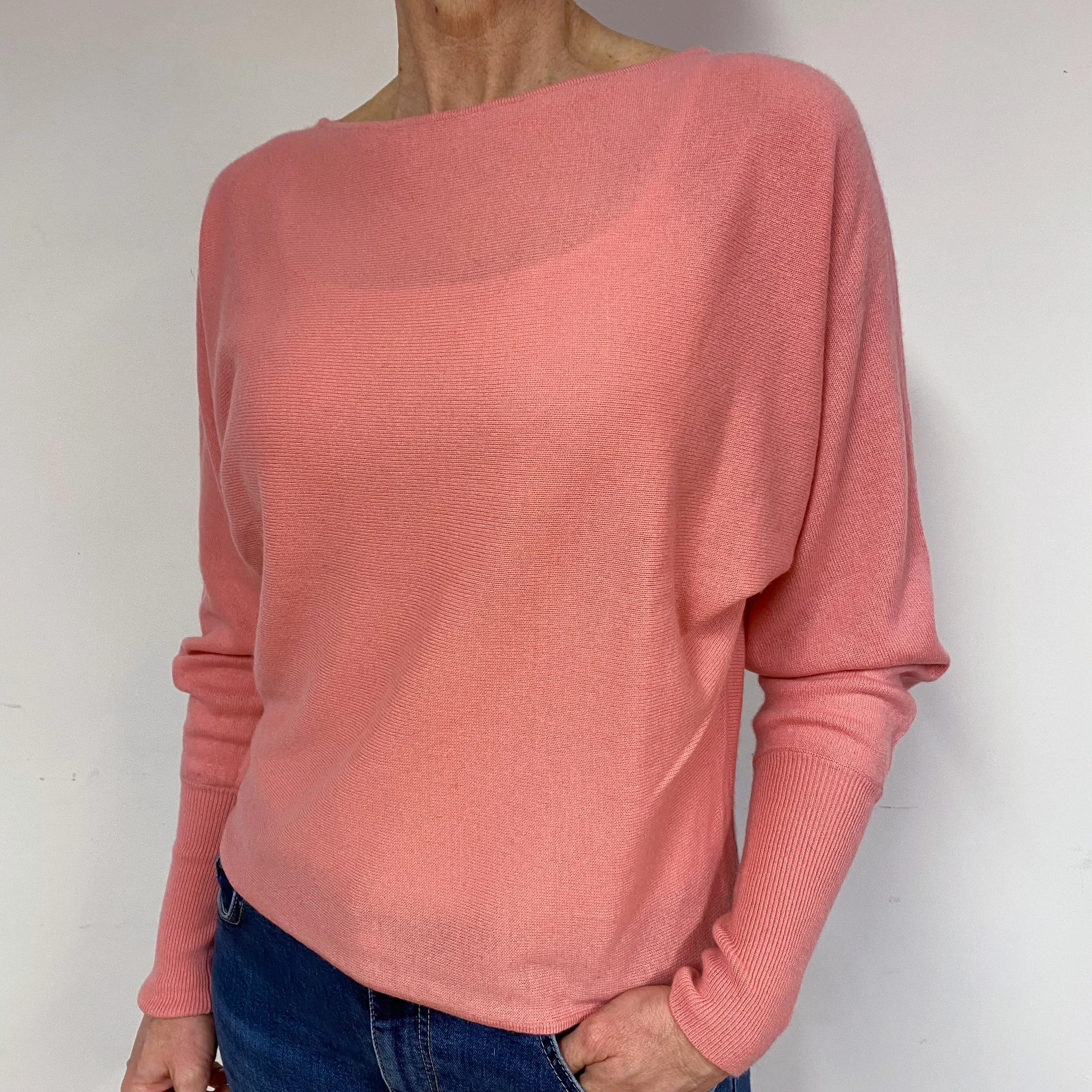 Coral Pink Batwing Cashmere Boat Neck Jumper Medium
