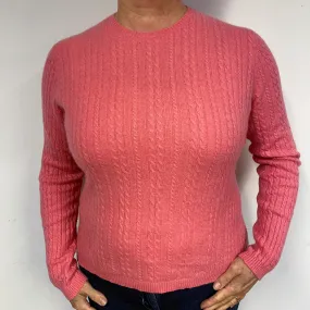 Coral Pink Cable Knit Cashmere Crew Neck Jumper Large