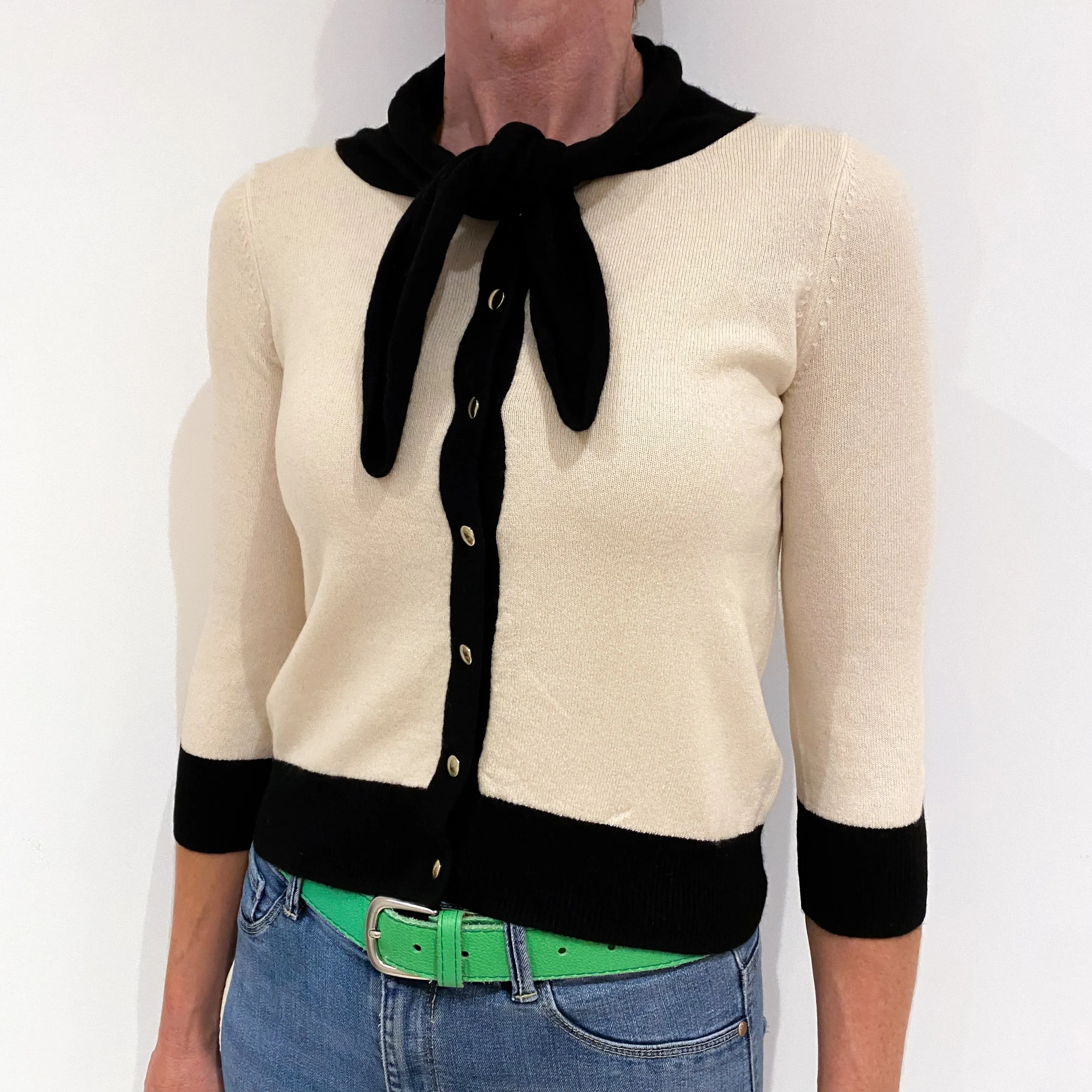 Cream and Black Cashmere Neck Tie Cardigan Small
