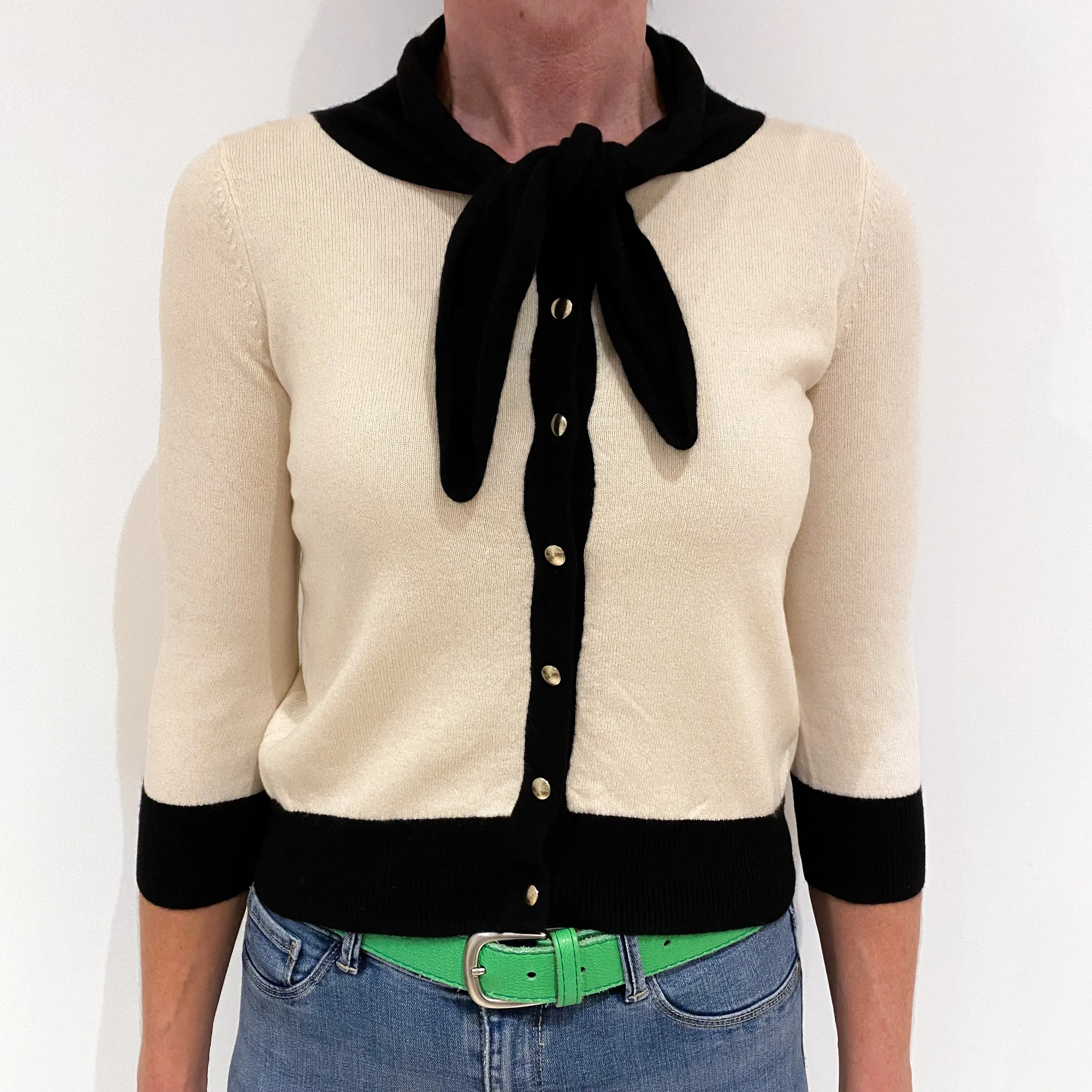 Cream and Black Cashmere Neck Tie Cardigan Small